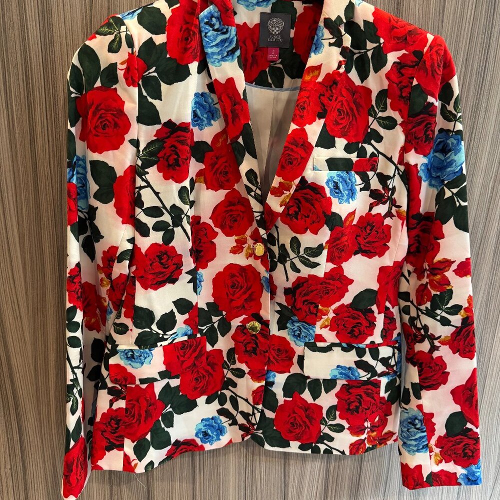 Vince Camuto Women’s Blazer Size 2 –Red & Blue Rose Floral Print Statement Piece